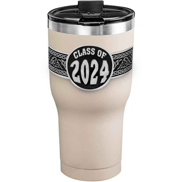 A customized tumbler made of stainless steel with a personalized engraved Class of 2024 lettering, 30 oz, ideal for coffee or cool drinks